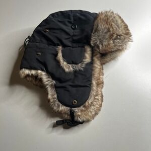 Stetson Mens Black Nylon Faux Fur Trapper Hat Aviator Bomber Cap Winter Ear